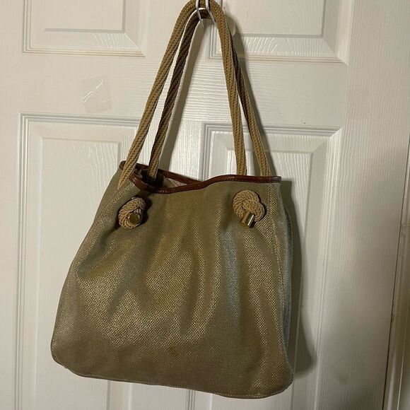 MICHAEL Michael Kors Metallic Khaki /Brown Canvas and Leather Medium Isla Tote - Picture 2 of 16